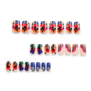 24pcs colorful press-on nails with modern art green plant patterns and color blocks