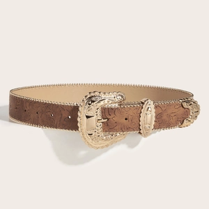 Bohemian Western faux leather belt in deep brown with ornate gold floral carved buckle