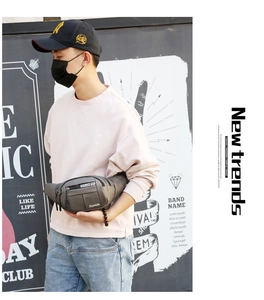 Detail of grey waterproof sports waist bag with multi-zipper pockets and fashion print