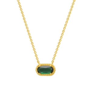 Oval emerald green stone pendant on a delicate gold-plated chain necklace on white background