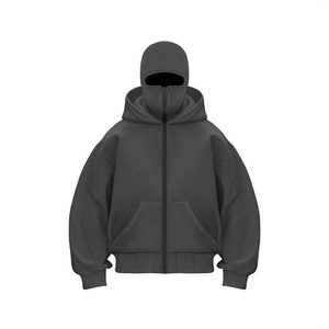 Deep grey double-layered zip hoodie featuring an integrated face mask and loose fit style