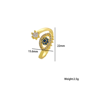 Adjustable Evil Eye open ring with blue zircon inlay and size details, 2.5g weight