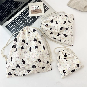 Three sizes of embossed cotton drawstring bags with cute cat and bow patterns