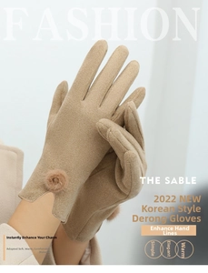 Detail view of khaki thermal gloves with plush fur ball decor and soft fabric texture