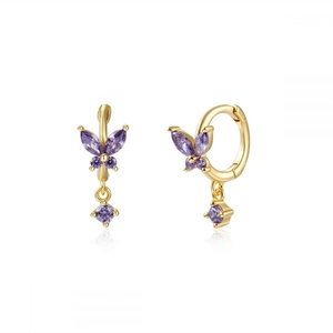 Gold butterfly hoop earrings with purple zircon crystals on a clean white background
