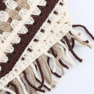Crochet knit vest top with geometric fringe tassels in beige and brown earth tones