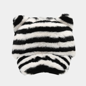 Plush zebra print baseball cap with cute cat ears for winter warmth and fashion