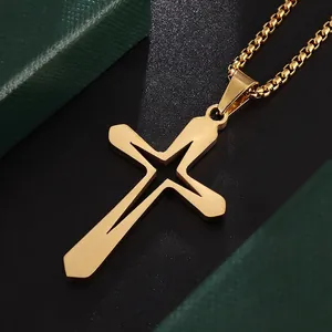 Hollow Cross Pendant Necklace Stainless Steel Geometric Cutout Design Fashion Jewelry Gift For Men Women