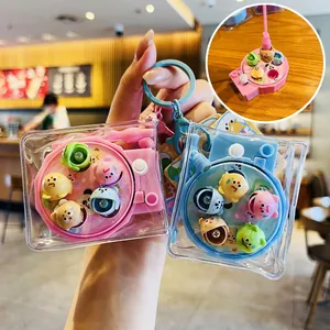 Keychain Rotating Fishing Disk Game Toy PVC Transparent Bag Pendant Cute Cartoon Animal Figures For School Bag Gift