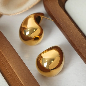Polished 18K gold plated titanium steel teardrop stud earrings for women with mirror finish