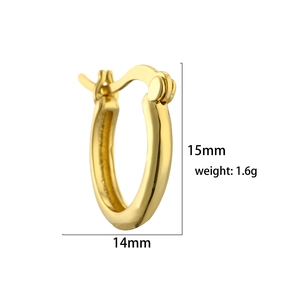 Detail view of gold hoop earring showing 15mm height 14mm width and 1.6g weight