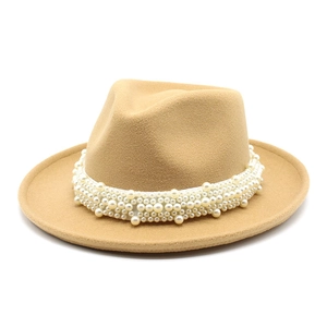 Sombrero Fedora clásico de lana color caqui para mujer con elegante banda de perlas blancas