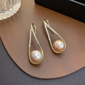 French vintage gold plated teardrop earrings with pink pearls and micro-set diamonds
