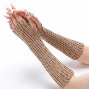Close-up of khaki ribbed knit fingerless gloves with thumb hole detail for winter