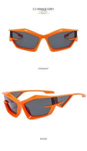 Front and side views of futuristic orange geometric sunglasses with grey polarized lenses