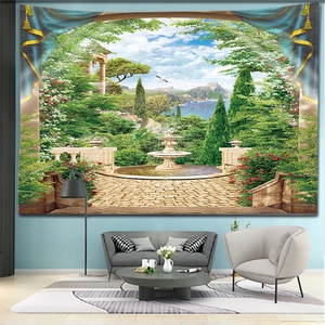 Detailed view of Mediterranean garden tapestry with classical pillars and marble fountain