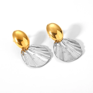 Two-tone oval gold and silver steel earrings with elegant shell texture on white background