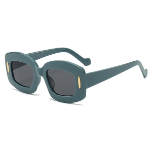 Retro oversized square sunglasses in dark green with golden metallic accents and grey lenses