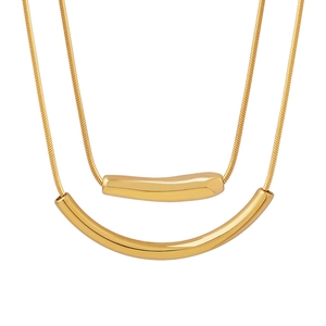 Minimalist double layer gold-plated titanium steel necklace with curved pendant on white