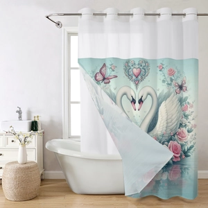 Detail view of waffle shower curtain featuring heart-shaped swans and floral prints