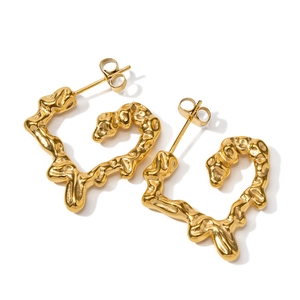18K gold stainless steel heart hoop earrings with irregular molten lava texture on white