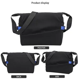 Black sporty crossbody messenger bag for men with blue straps in three-view display