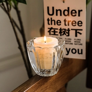 Nordic ribbed crystal glass candle holder with white pillar candle for home decoration