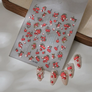 3D embossed summer lychee nail art stickers with red fruit designs and green leaves