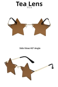 Detail view of tea-colored star-shaped rimless sunglasses with gold metal temples