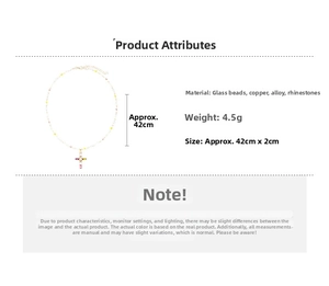 Detailed specs of the colorful glass bead cross necklace with gold hardware
