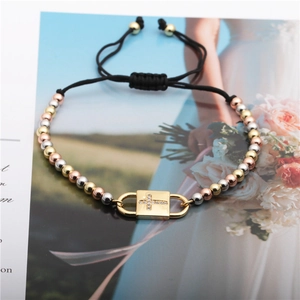 Adjustable black rope bracelet with colorful beads and zircon cross lock charm