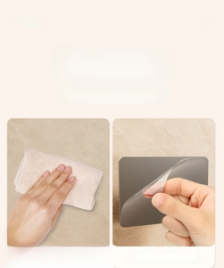 Installation guide showing wall cleaning and adhesive backing for toilet paper box