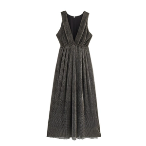 Women Sexy Deep V Neck Sleeveless Maxi Dress Pleated Metallic Elegant Party Evening Long Gown