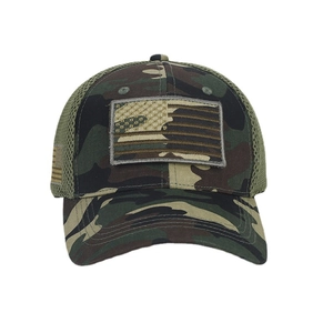 Army green mesh baseball cap with camouflage American flag patch and breathable design