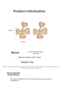 Detailed size specifications for gold plated flower earrings with heart-shaped zircon