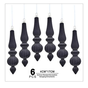 Detail of 6-piece set conical black flocked Christmas tree ornaments with silver caps