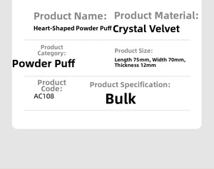 Detail specifications of heart-shaped crystal velvet powder puff measuring 75x70x12mm
