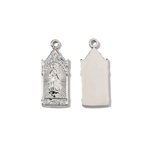 Polished stainless steel religious figure pendant with cross design and smooth silver back