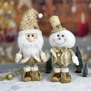 Plush Christmas dolls featuring Santa Claus and a snowman with gold sequins and soft fur