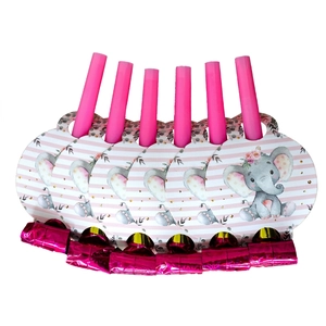 Pink elephant party blowouts set with metallic foil and cute cartoon paper accents