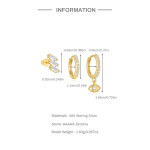 Detailed view of S925 sterling silver evil eye earring set with precise dimensions