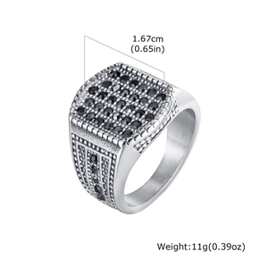 Detail view of silver men's signet ring with black zircon stone inlay and side texture