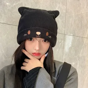 Black knitted maternity hat with cute cat ears and warm double-layer fleece design