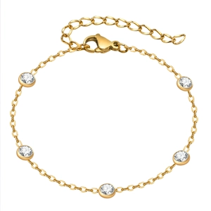 Minimalist gold stainless steel bracelet for women featuring five round white zircon stones
