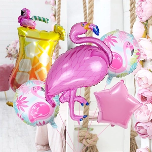 Tropical Hawaii party balloon set featuring pink flamingo and pineapple decorations