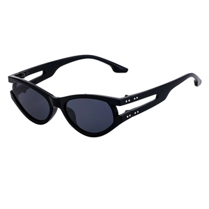 Fashionable black oval sunglasses for women featuring unique hollow temples and silver accents
