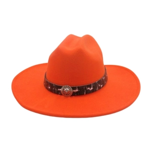 Orange wide brim wool felt jazz fedora hat with silver lion head emblem and greek meander