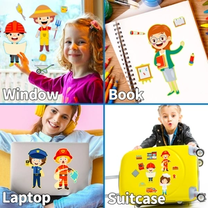 Cartoon career stickers applied on window, laptop, and suitcase surfaces for kids