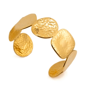 Detail of 18K gold stainless steel open bangle with hammered round textured metal plates