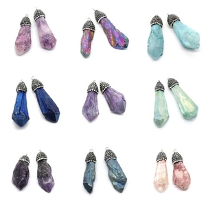 Detailed grid display of colorful cone-shaped natural stone pendants with silver caps